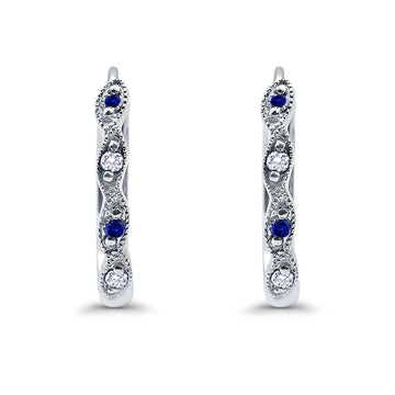 Huggie Hoop Earrings Round Simulated Blue Sapphire CZ 925 Sterling Silver (14mm)